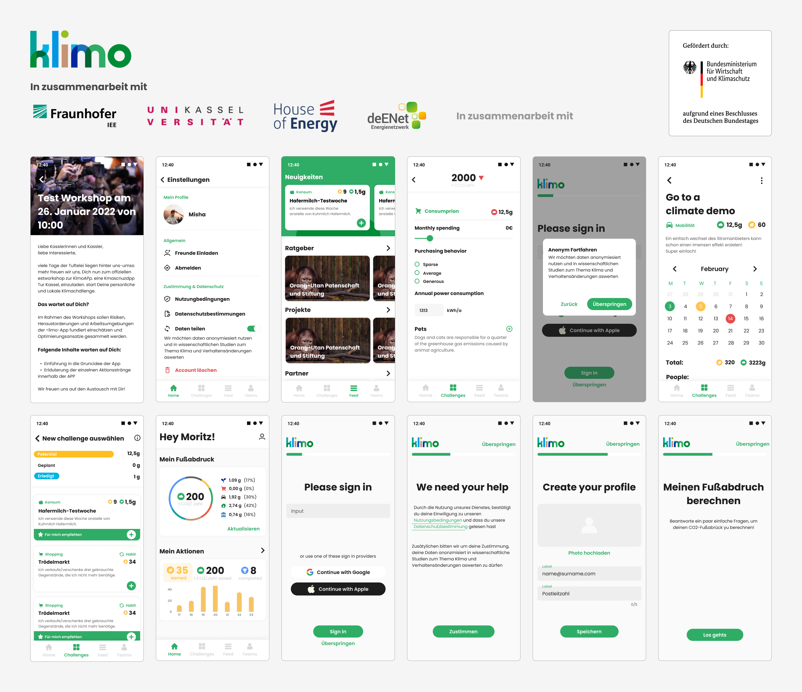 Die klimo-App mit ihrer spielerischen Oberfläche zum Erfassen und Senken des CO₂-Fußabdrucks.